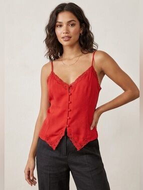 Vintage Victoria’s Gold Label Red Jacquard Lace Trim Button Down Cami Top Sz L